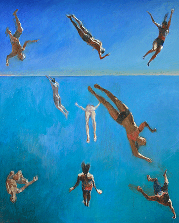 9 falling figures in geometric layout, from sky to sea (Skyfall)